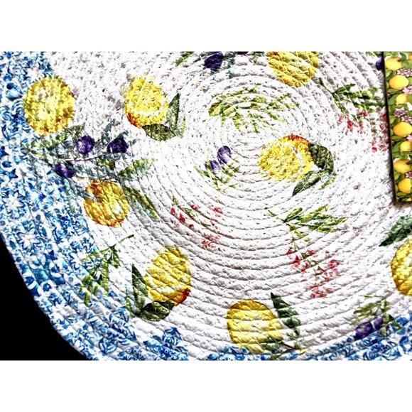 4 pc LEMONS Braided Placemat Set 15” Rnd Blue Edge Yellow Plum Flowers Easy Care - Picture 4 of 6